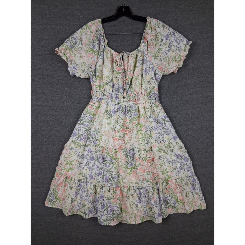 Liberty Love Womens Dress 1XL Blue Multi Floral Smocked Tiered Milkmaid Cottage